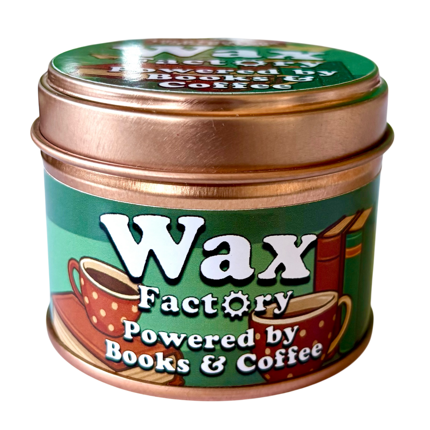 Powered by Books & Coffee small tin candle