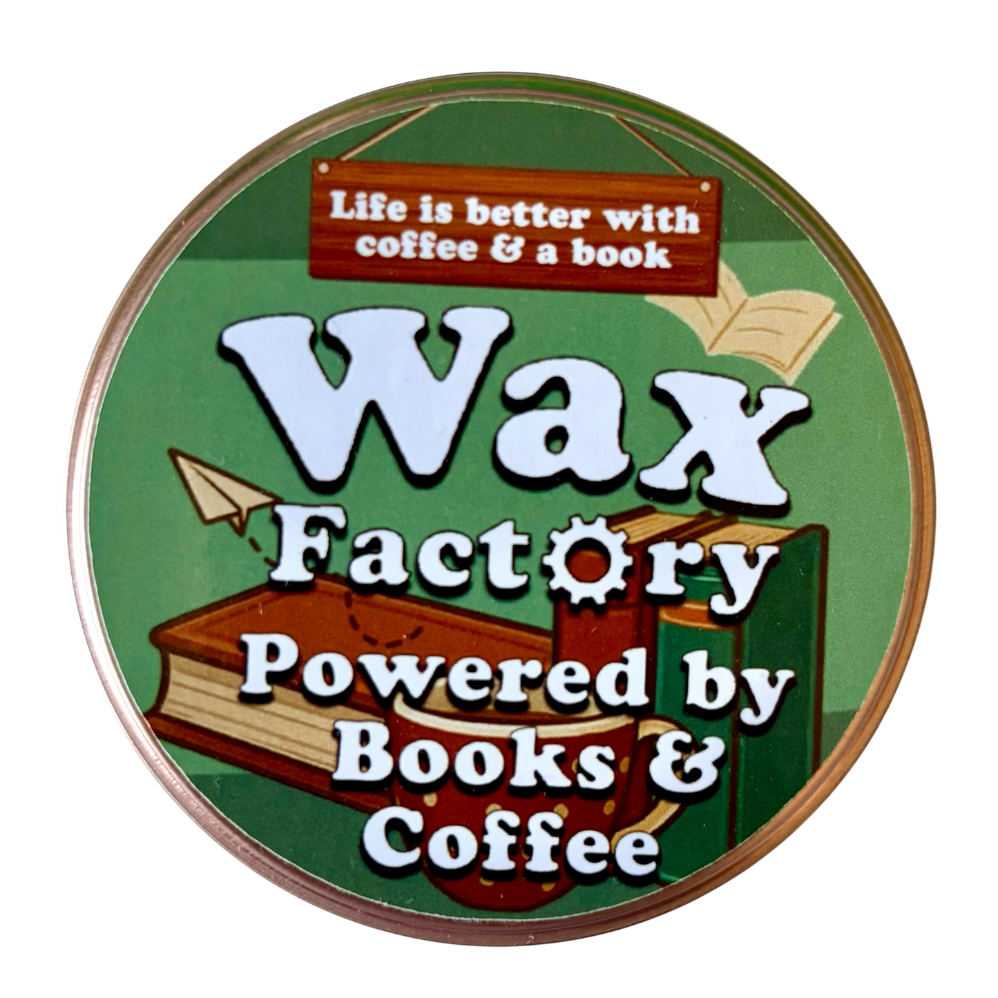 Powered by Books & Coffee small tin candle