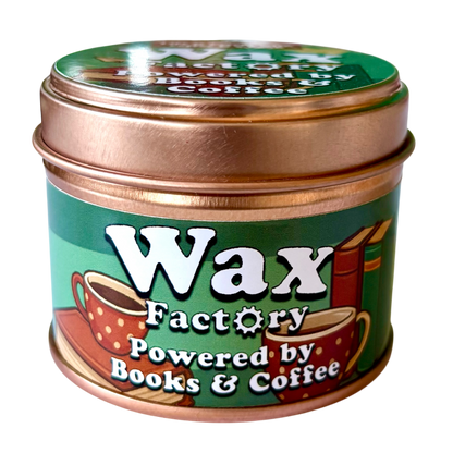 Powered by Books & Coffee small tin candle