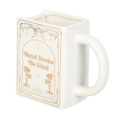 Read Books Be Kind White Book Shaped Mug